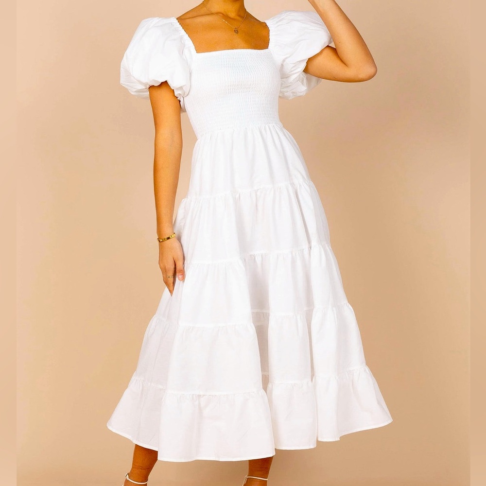 Annette Puff Sleeve Shirred Midi Dress - White